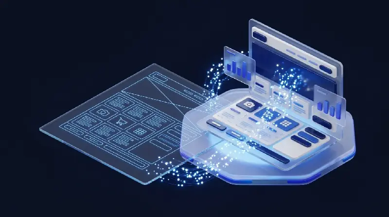 A wireframe blueprint turning into a finished, working interface